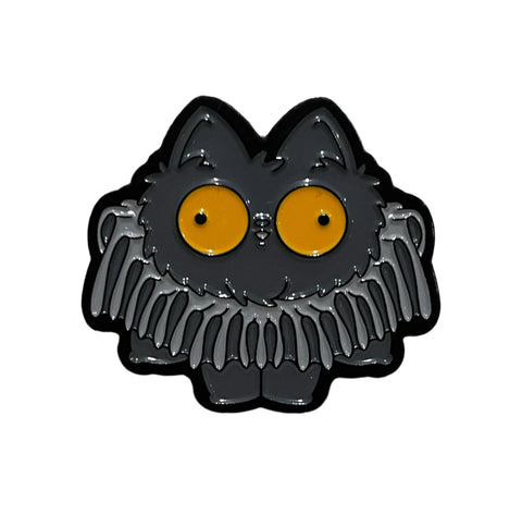 Grey cat in a ruff with bright orange/yellow eyes.