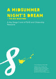 A flat teal cover design for a resource titled "A Midsummer Night's Dream - The Big Question," with large yellow title text, a large white stylized letter S with yellow paint splatter, and small copyright text at the bottom right.